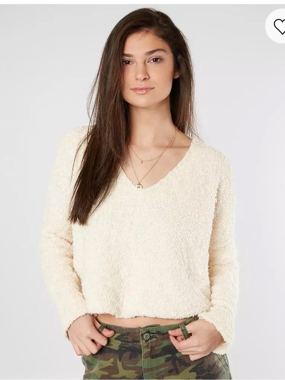 Free People Cream Knit V-Neck Sweater